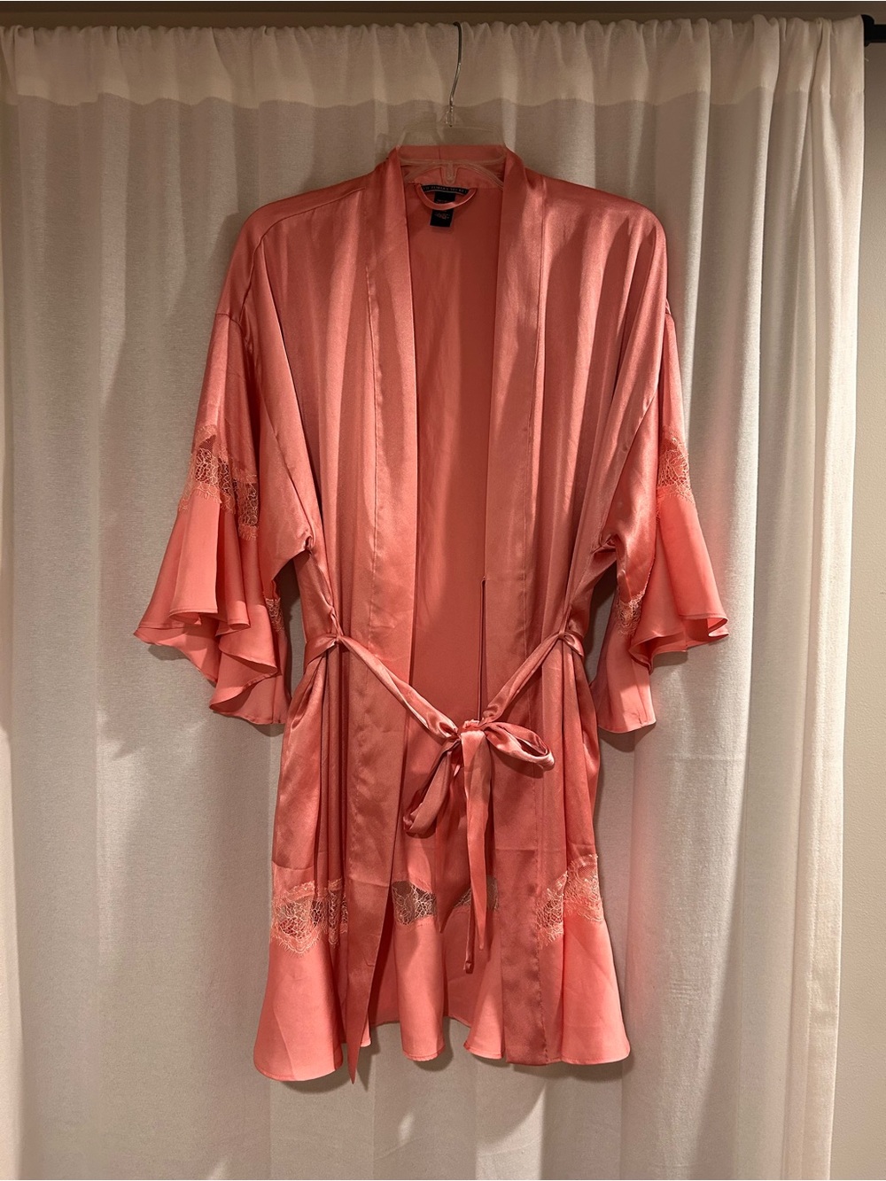 Victoria's Secret Coral Satin Kimono Robe with Lace Trim